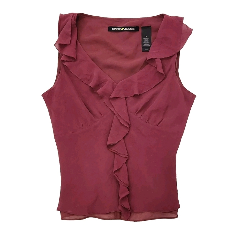 Dkny Vintage 100% Silk Sexy Ruffle Sleeveless Blouse Top Shirt Mauve XS EU 8 Y2K